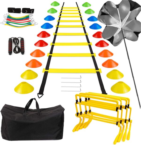 YHOTOGEA Football Training Accessories, Coordination Ladder 6 m with 20 Cones, Adjustable Hurdles, Skipping Rope, Resistance Bands, Resistance Umbrella, Football Training Set, Football Gifts Boys